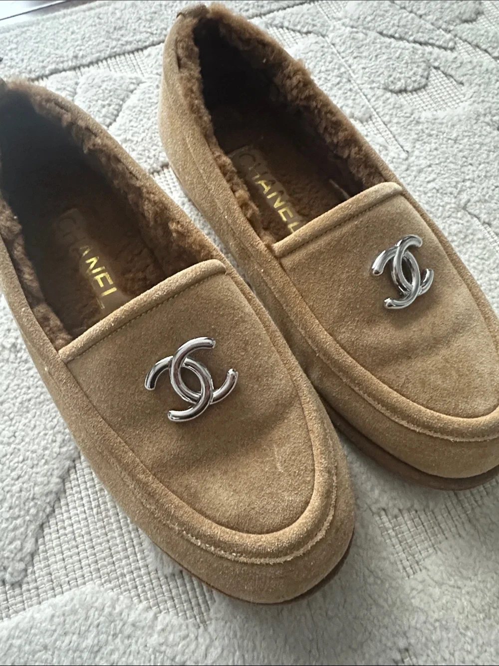 Chanel silver CC suede calfskin loafers size 36